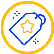 Blue price tag with a yellow star in the center and decorative sparkles around, enclosed in a yellow circle.